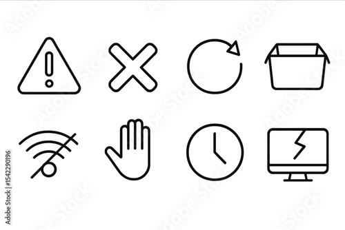 Line Style Alerts Icons. Line style icons of error and alerts: warning triangle, red cross, retry button, empty state. offline