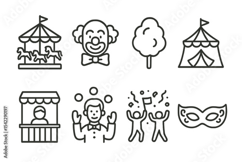 Carnival Line Icons. Line style icons of carnival: merry-go-round, clown, cotton candy, carnival tent. ticket booth, juggler,