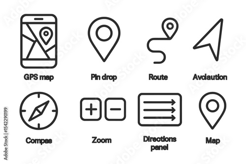Mobile Navigation Icons. Line style icons of mobile navigation: GPS map, pin drop, route line, location arrow. compass, zoom