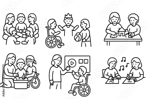 Inclusive Learning Icons. Line style icons of inclusive learning activities: group circle, role play, shared project, guided
