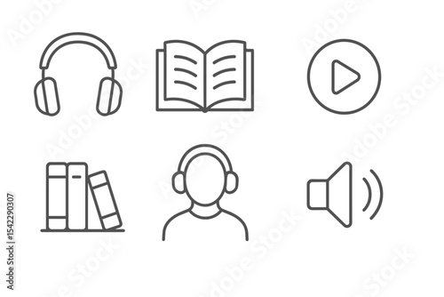 Audiobook Icon Set. Line style icons of audiobook concept: headphones, open book, sound waves, play button. audiobook library,