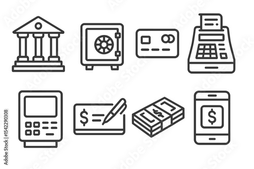 Banking Icons Collection. Line style icons of banking basics: bank building, safe deposit, credit card, cash register. ATM machine