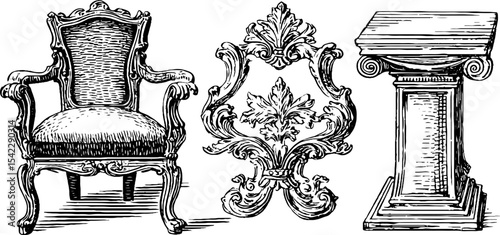 Scandinavian chair leg and rustic bench elements - vintage furniture design illustration