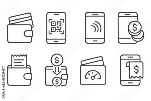 Mobile Wallet Icons. Line style icons of mobile wallet features: add card, scan to pay, tap icon, digital coins. e-receipt,