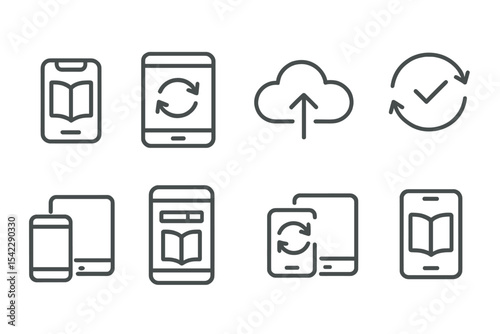 Sync Icons. Line style icons of syncing across devices: phone with book, tablet with sync, cloud arrow, sync success. multiple