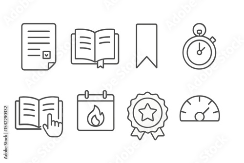 Reading Progress Icons. Line style icons of reading progress: page tracker, chapter progress, bookmark icon, timer log. last read