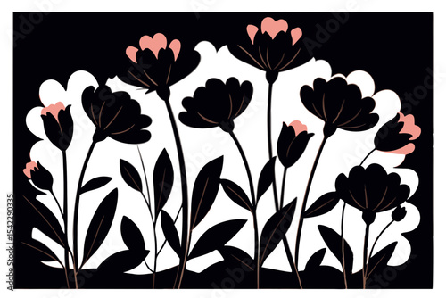 Modern Black Floral Pattern with Pink Accent Flowers
