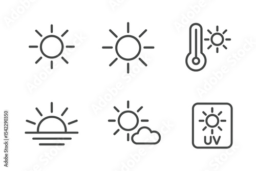 Sunny Weather Icons. Line style icons of sunny weather: sun icon, sun rays, hot temperature, clear sky. sunrise icon, noon sun,