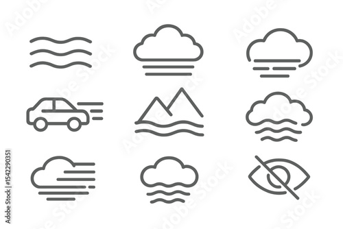Foggy Line Icons. Line style icons of fog and haze: fog layer, mist symbol, visibility icon, haze cloud. low visibility car,