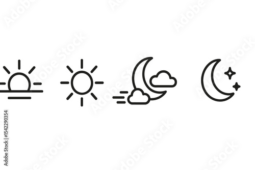 Weather Timeline Icons. Line style icons of weather timeline: morning sun, afternoon warmth, evening breeze, night chill. sunrise