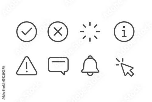 Interface Feedback Icons. Line style icons of interface feedback: success tick, error mark, loading spinner, info dot. warning