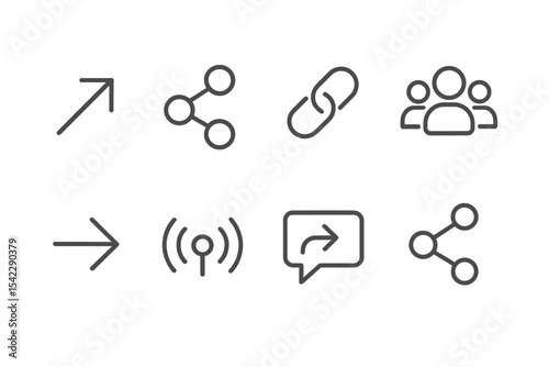 Share Icons Collection. Line style icons of share options: outward arrow, connected circles, share via link, share to group.