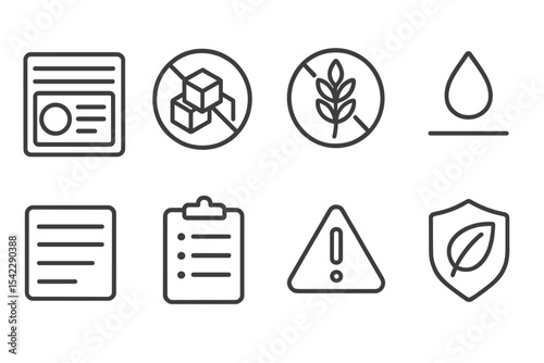 Nutrition Icon Set. Line style icons of nutrition and labels: calories info, sugar-free label, gluten-free icon, fat content.