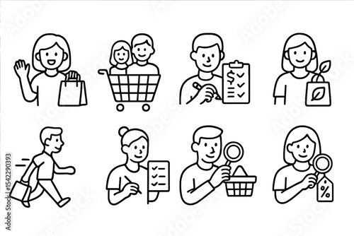 Line Style Shopping Icons. Line style icons of shopping lifestyle: happy shopper, family cart, budget planning, eco buyer. quick
