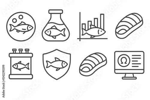 Future Seafood Icons. Line style icons of future food and nutrition: cell-based seafood icon, lab-grown fish badge, sustainable