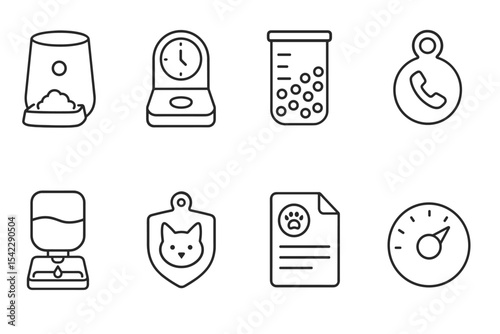 Home Automation Icons. Line style icons of home robotics and automation: pet feeding robot, timed release unit, kibble level meter