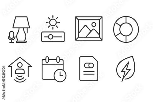 Smart Home Icon Set. Line style icons of home robotics and automation: voice-controlled lighting, brightness adjust module,