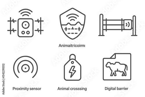 Digital Agriculture Icons. Line style icons of digital agriculture and agrotech: smart fence controller, boundary alert badge,
