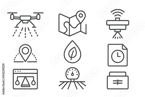 Agrotech Line Icons. Line style icons of digital agriculture and agrotech: fertilizer drone sprayer, route map icon, nutrient