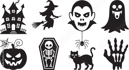 Eight Black Halloween Silhouette Icons Spooky Witch Vampire Ghost Pumpkin Coffin Skeleton Cat Hand vector