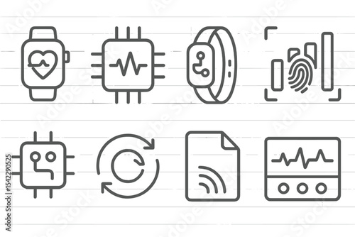 Microelectronics and Biosensors Icons. Line style icons of microelectronics and biosensors: wearable heart rate monitor, pulse