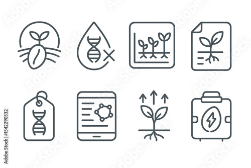 Digital Agriculture Icons. Line style icons of digital agriculture and agrotech: climate-resilient seed icon, drought-proof gene