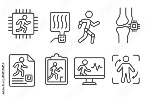 Microelectronics & Biosensors Icons. Line style icons of microelectronics and biosensors: body motion capture chip, flex sensor