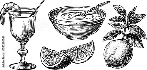 Gourmet shrimp cocktail with horseradish dip and fresh lemon in vintage style