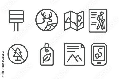 Eco Travel Icons. Line style icons of sustainable tourism and eco travel: trail marker icon, wildlife-safe path badge, protected