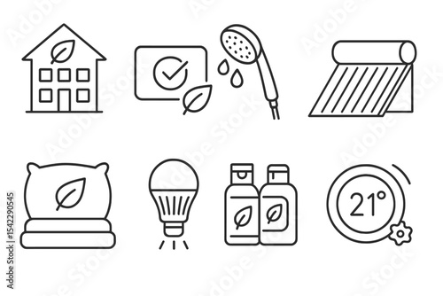 Sustainable Tourism Icons. Line style icons of sustainable tourism and eco travel: eco-hotel logo, green certification plaque,