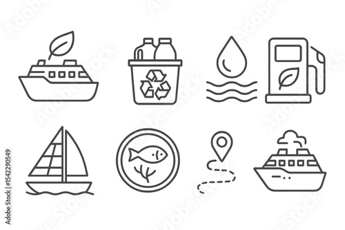 Eco Travel Icons. Line style icons of sustainable tourism and eco travel: eco cruise ship, onboard recycling system, greywater
