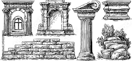 Architectural elements sketches featuring archways and columns for design inspiration