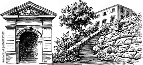 Architectural sketch of archway and cross sectional wall with stairs and building
