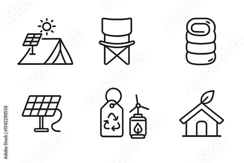 Eco Travel Icons. Line style icons of sustainable tourism and eco travel: solar-powered tent, foldable eco chair, portable solar
