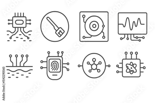 Microelectronics and Biosensors Icons. Line style icons of microelectronics and biosensors: nanotech biosensor icon, microprobe