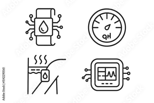 Microelectronics Line Icons. Line style icons of microelectronics and biosensors: sweat pH sensor icon, acidity level badge,