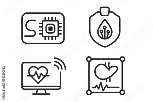 Microelectronics and Biosensors Icons. Line style icons of microelectronics and biosensors: smart implant module, internal
