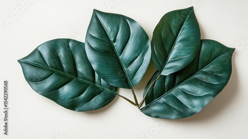 Arrangement of dark teal leaves on a plain white background