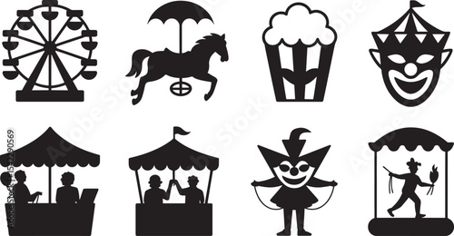 Eight Black Silhouette Carnival Icons Ferris Wheel Carousel Popcorn Clown Booths white