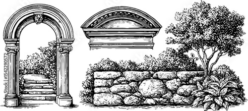 Architectural archway and cross sectional wall with nature elements for design projects