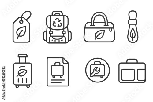 Eco Travel Icons. Line style icons of sustainable tourism and eco travel: eco-luggage tag, recycled fabric backpack, plant-based