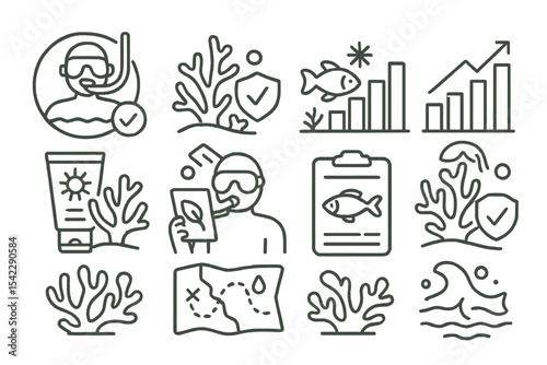 Eco Travel Icons. Line style icons of sustainable tourism and eco travel: responsible snorkeling badge, coral reef safety icon,