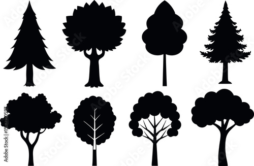 Black Tree Silhouette Set – Vector Illustration of Various Tree Shapes