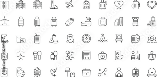 Hotel and Travel Icons: Minimalist Line Art Set for Accommodation, Transportation, and Hospitality Services