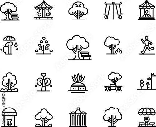 Nature and Outdoor Activity Icons: Minimalist Line Art Set for Parks, Gardens, and Recreation Spaces