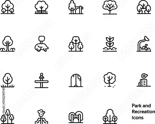 Park and Recreation Icons: Minimalist Line Art Set for Outdoor Activities, Nature Scenes, and Community Spaces