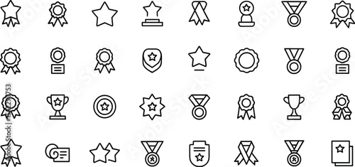 Recognition and Achievement Icons: Minimalist Line Art Set for Awards, Stars, Medals, and Ribbons