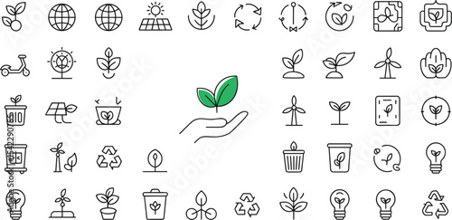 Sustainability and Eco-Friendly Icons: Minimalist Line Art Set for Environment, Renewable Energy, and Green Living