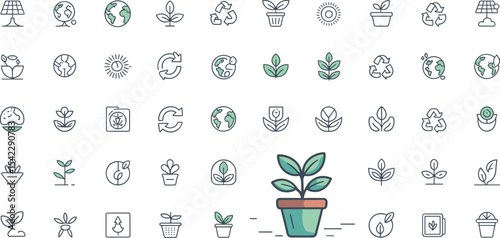 Sustainability and Eco-Friendly Icons: Minimalist Line Art Set for Environment, Recycling, and Plant Growth