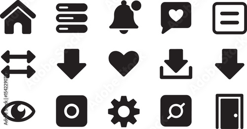 Fifteen Minimalist Black Silhouette U I U X Icons Set Home Server Bell Heart Download Arrow Eye Gear Door